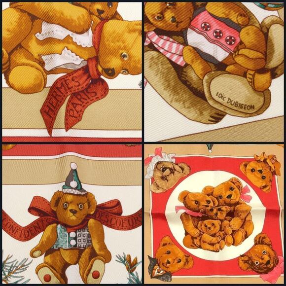 HERMES Vintage Carré 40cm 16” Teddy Bear Red Multicolor Silk Scarf W/Box NWT - Picture 4 of 15
